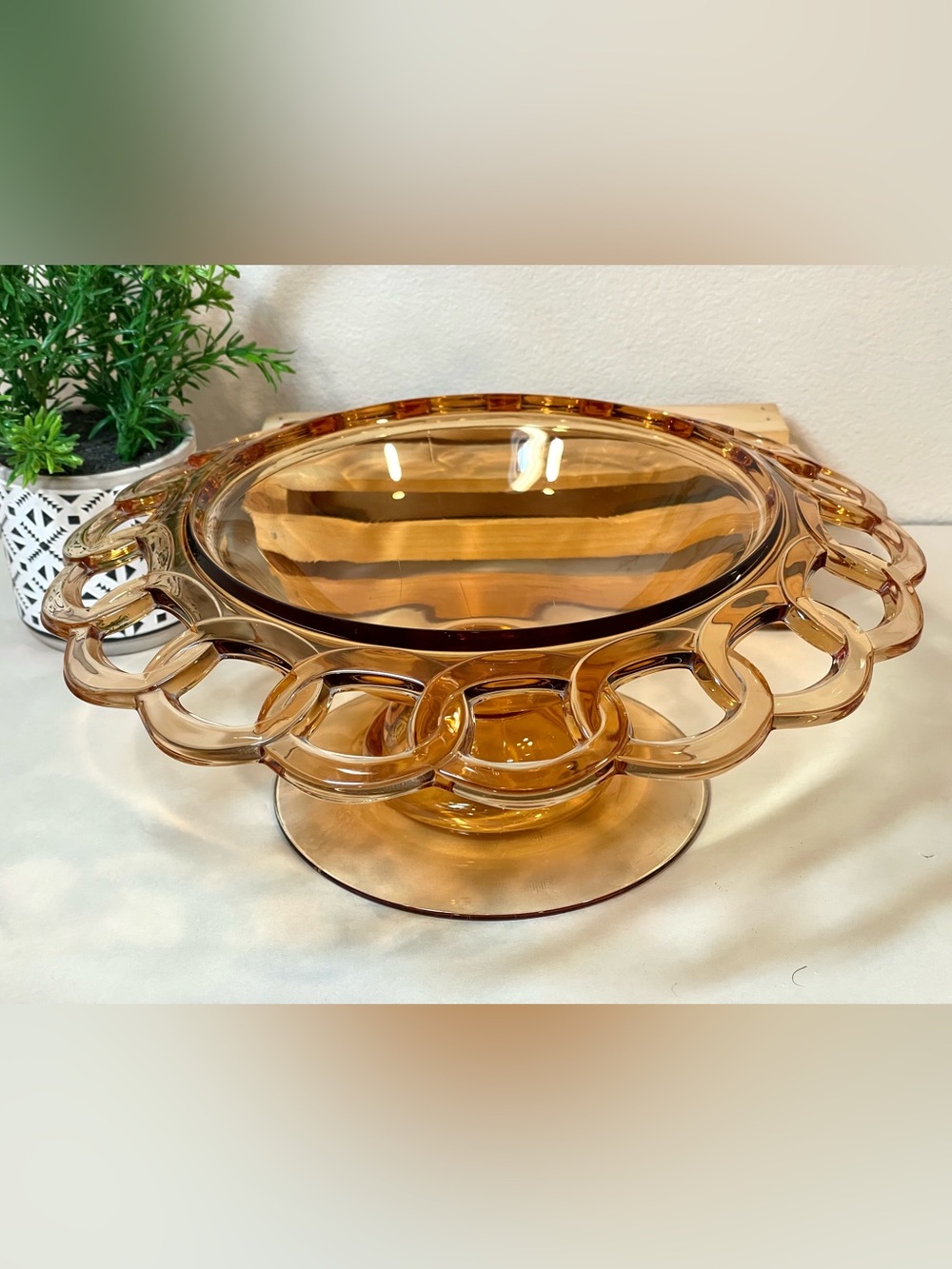 Fostoria Amber Glass Vintage Pedestal Lace Edged Fruit Bowl | Scratched